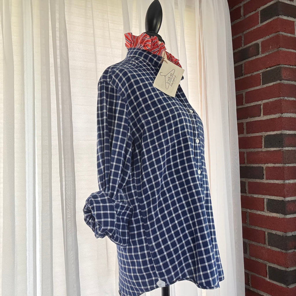 hudson Blue White Plaid Oxford Stripe Ruffle Collar Upcycled Shirt Size S