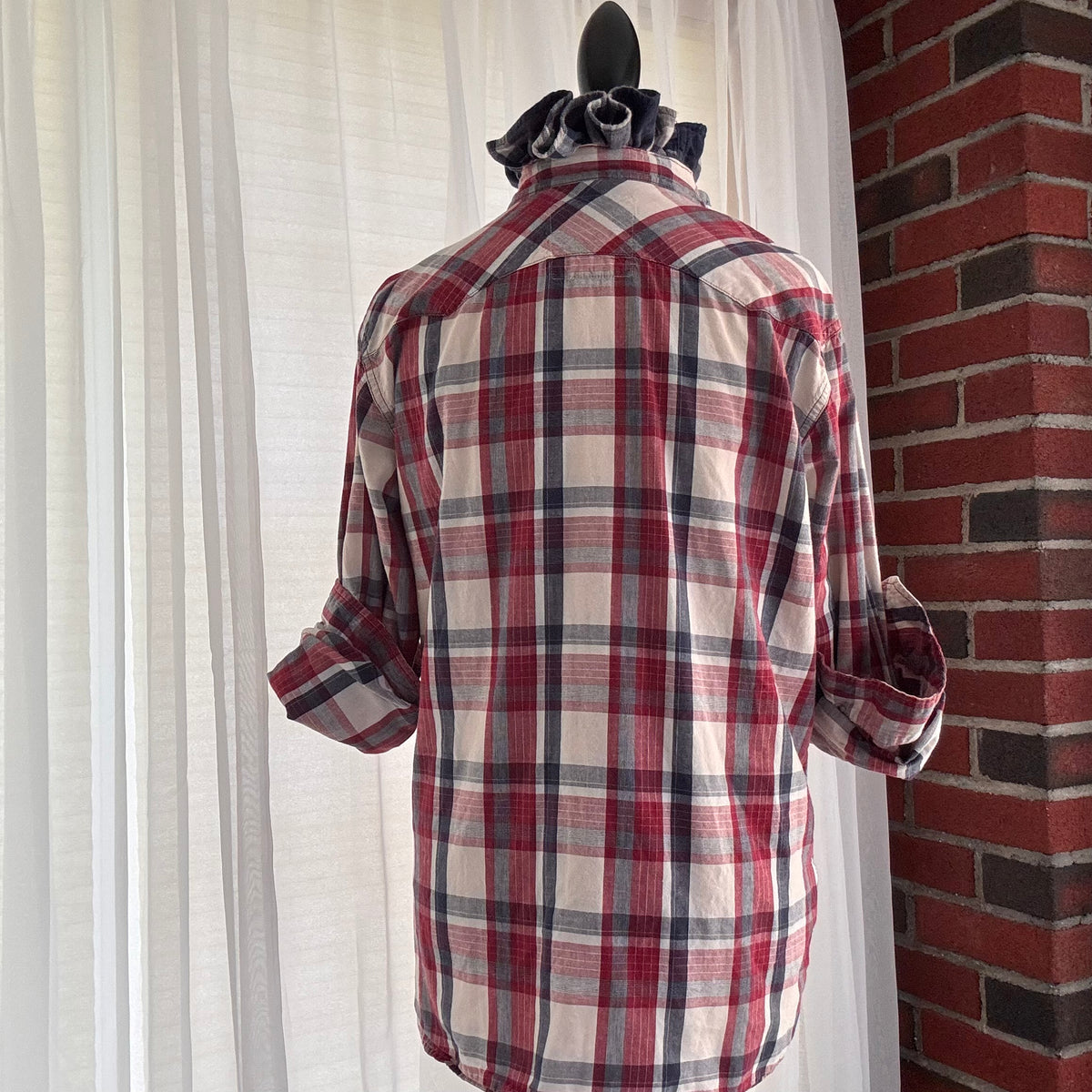 hank Plaid Western Boho Ruffle Collar Pearl Snap Shirt Size M