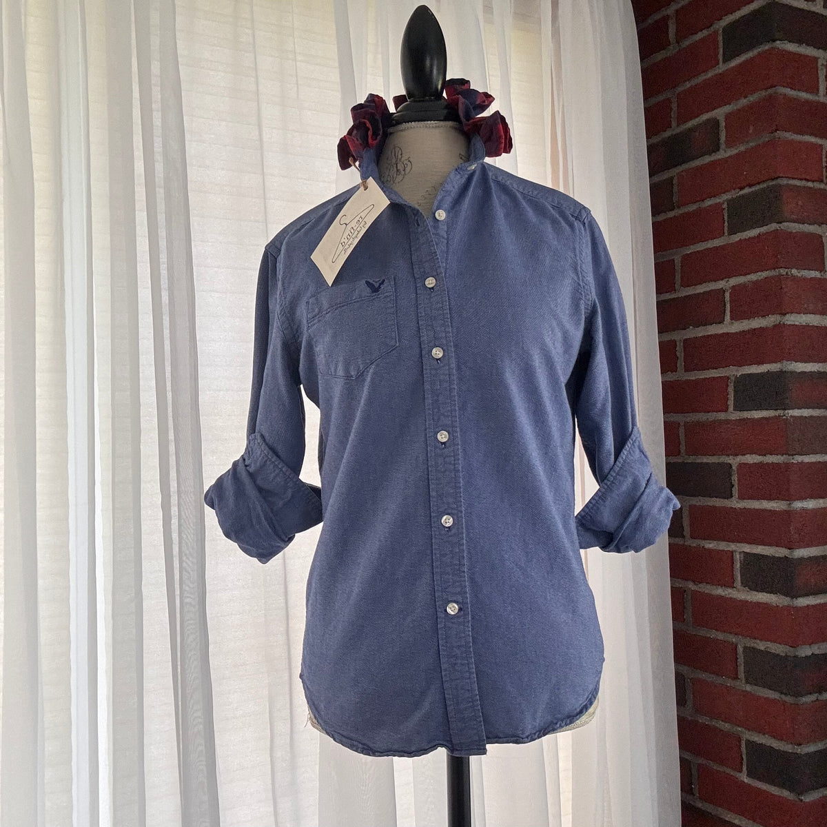 oliver Oxford Plaid Ruffle Collar Classic Upcycled Button Shirt Size S
