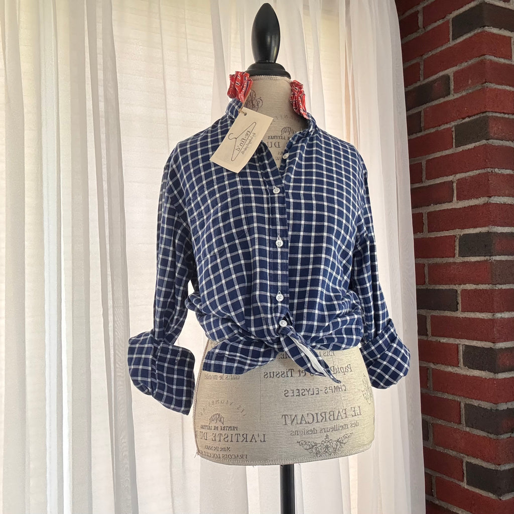 hudson Blue White Plaid Oxford Stripe Ruffle Collar Upcycled Shirt Size S