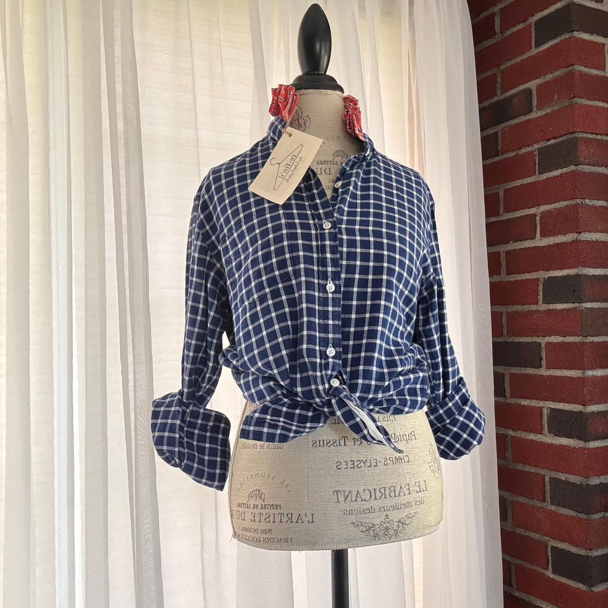 hudson Blue White Plaid Oxford Stripe Ruffle Collar Upcycled Shirt Size S