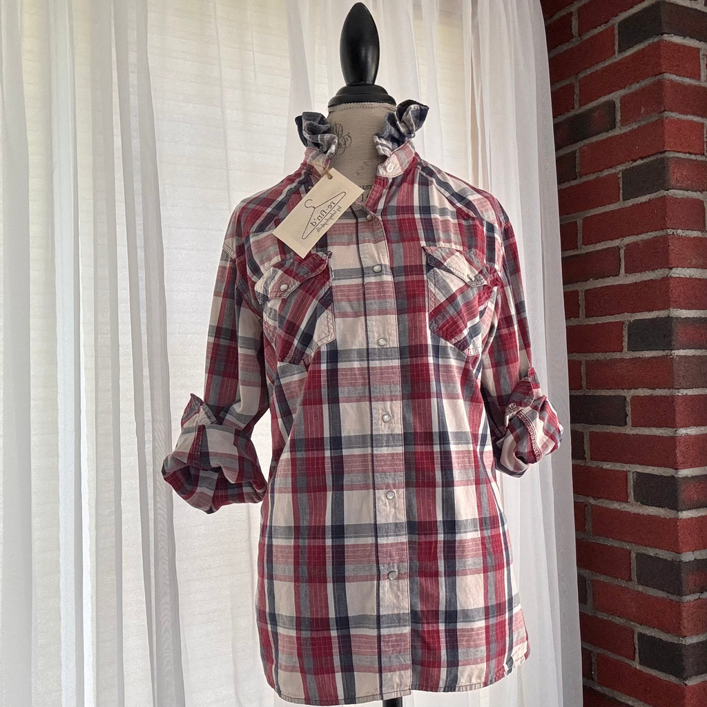 hank Plaid Western Boho Ruffle Collar Pearl Snap Shirt Size M
