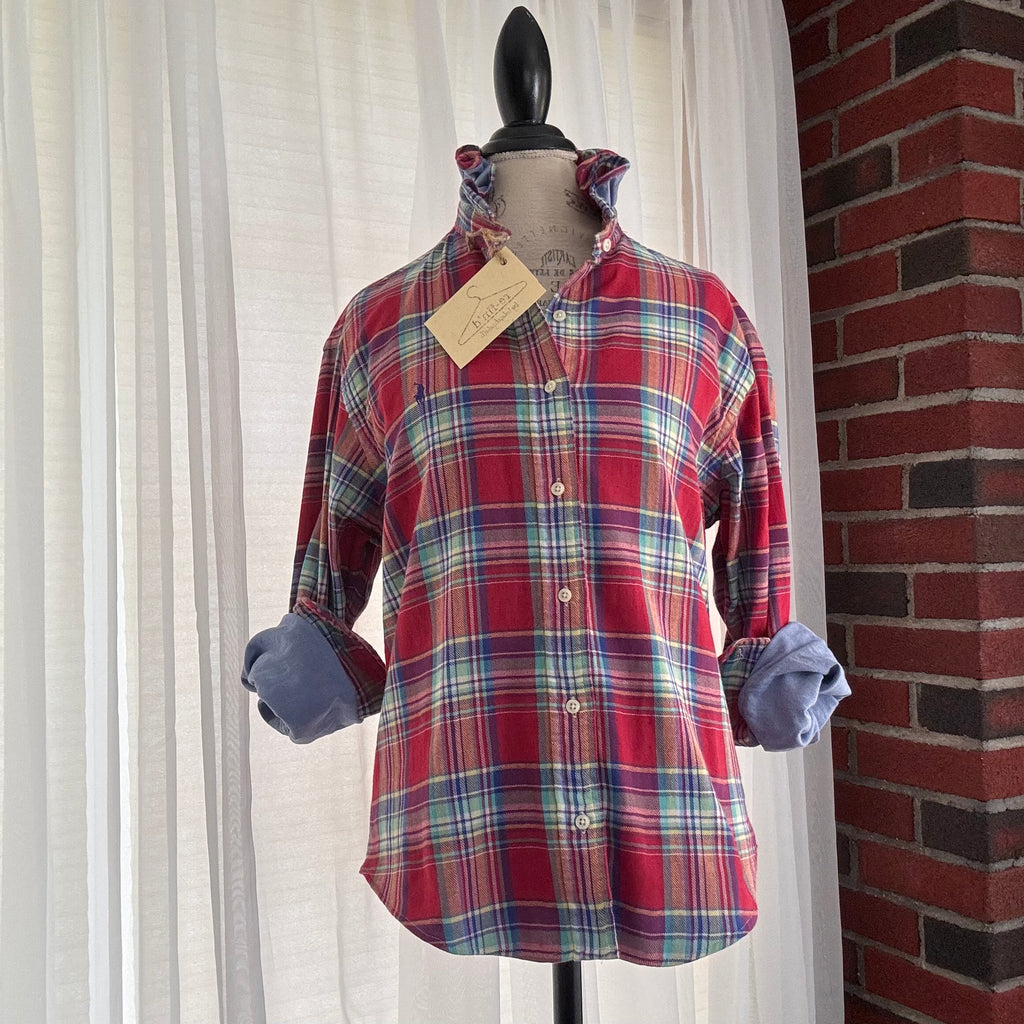 rhett Red Blue Plaid Western Ruffle Collar Button Shirt Size M