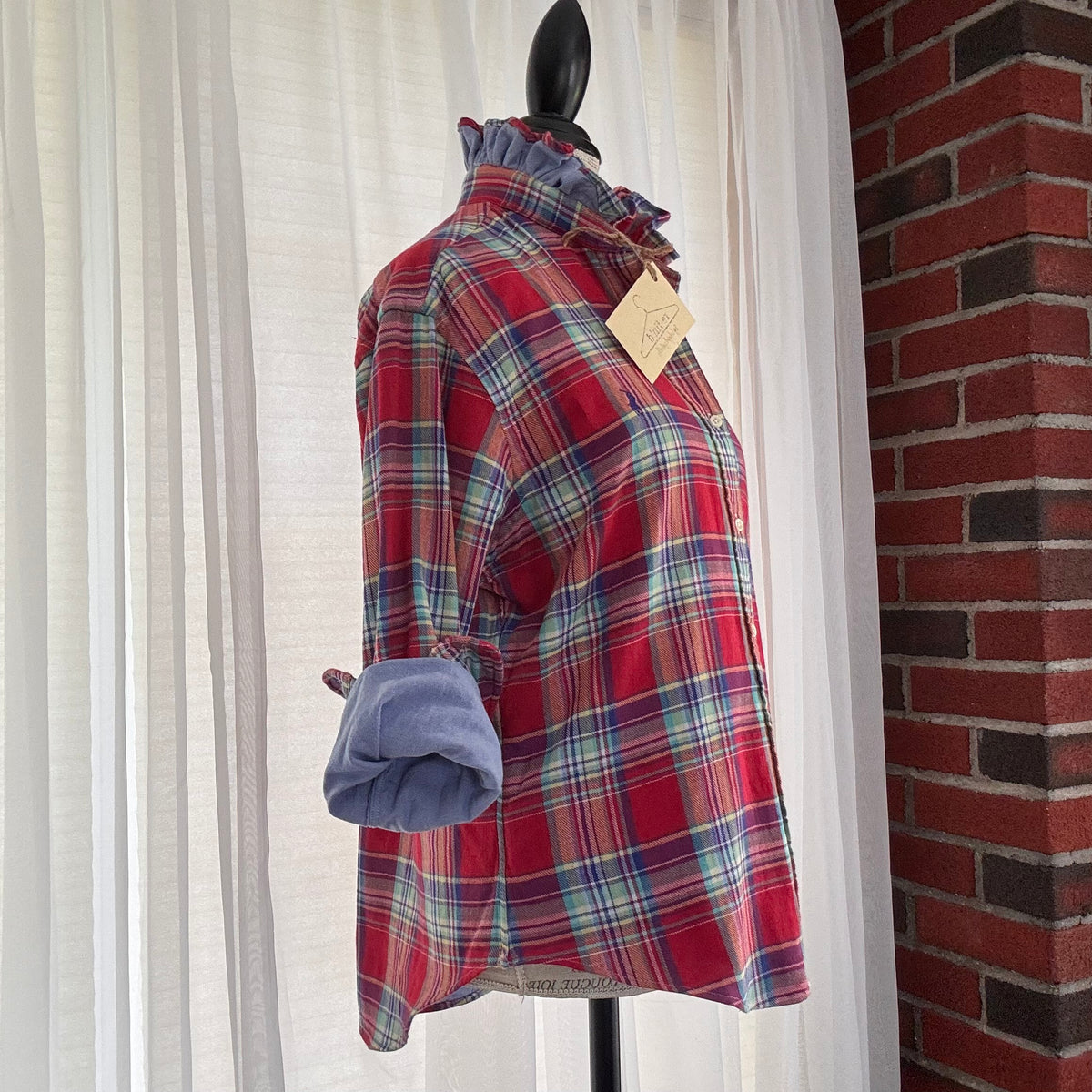 rhett Red Blue Plaid Western Ruffle Collar Button Shirt Size M