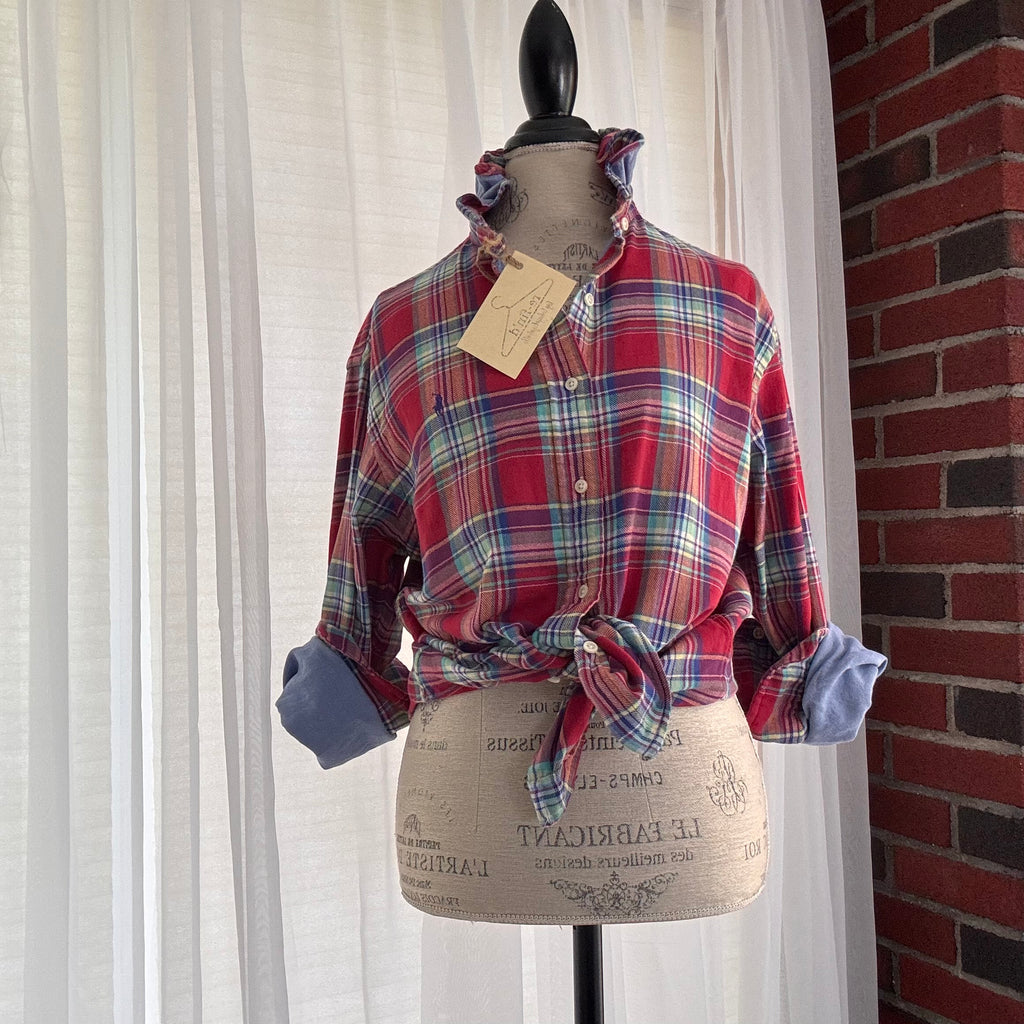 rhett Red Blue Plaid Western Ruffle Collar Button Shirt Size M