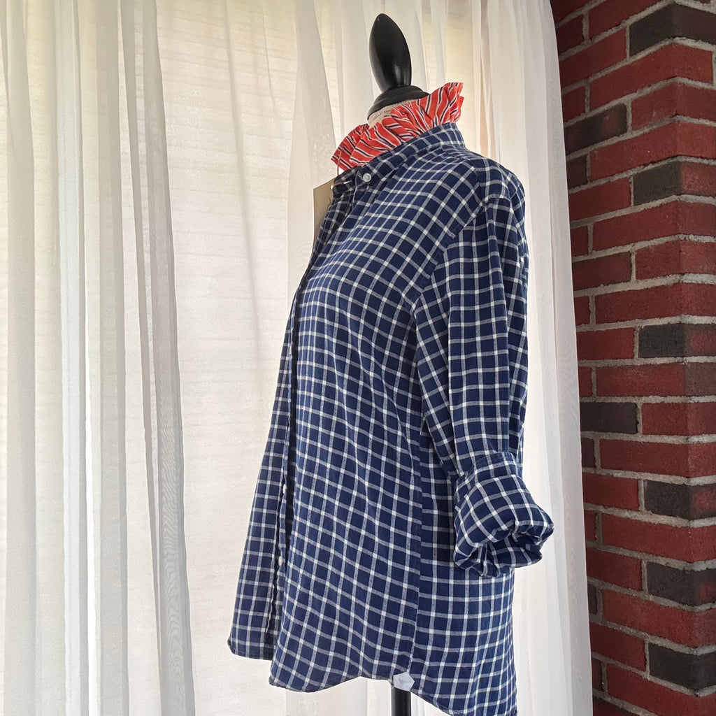 hudson Blue White Plaid Oxford Stripe Ruffle Collar Upcycled Shirt Size S