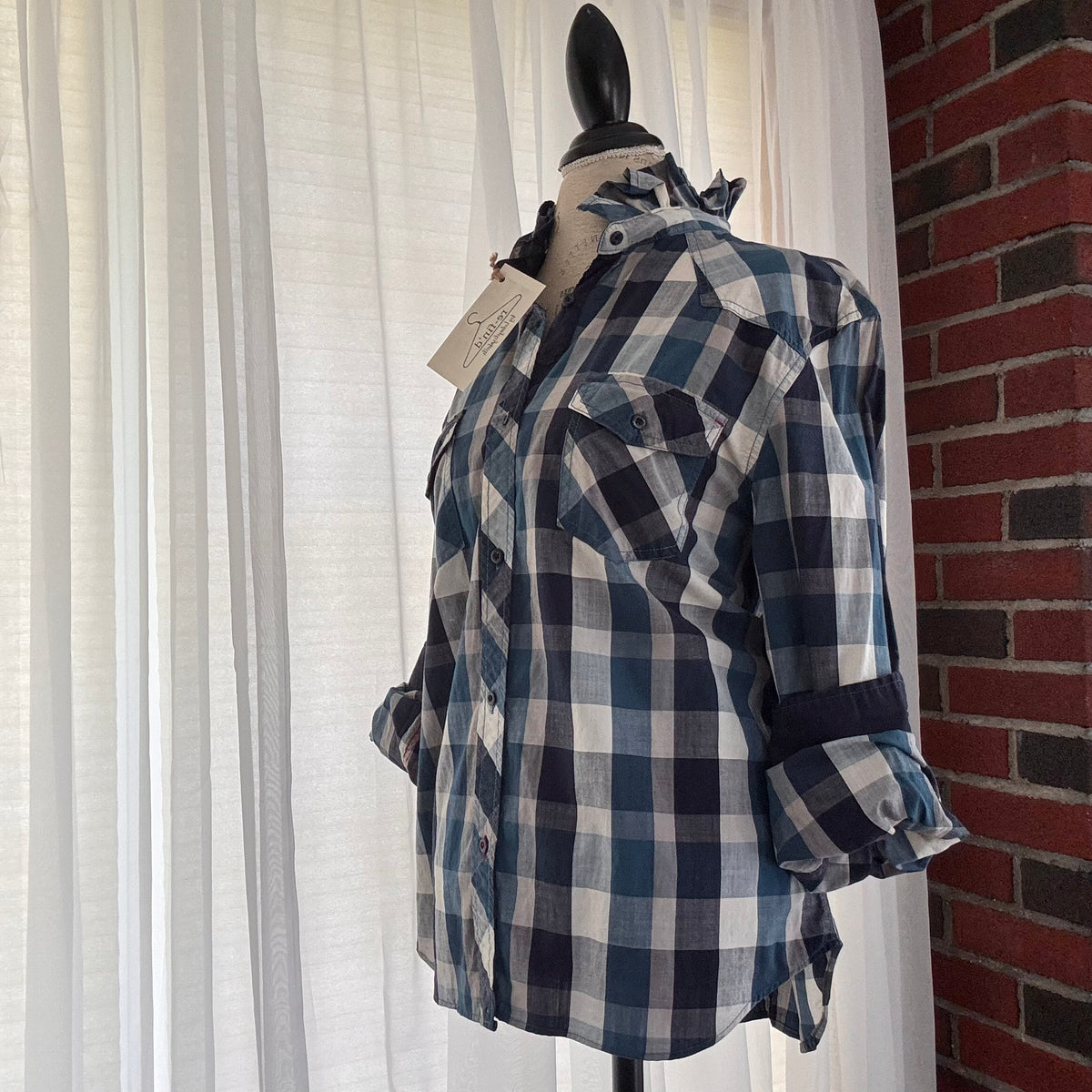 zane Blue Cream Buffalo Plaid Ruffle Collar Urban Upcycled Shirt Size M