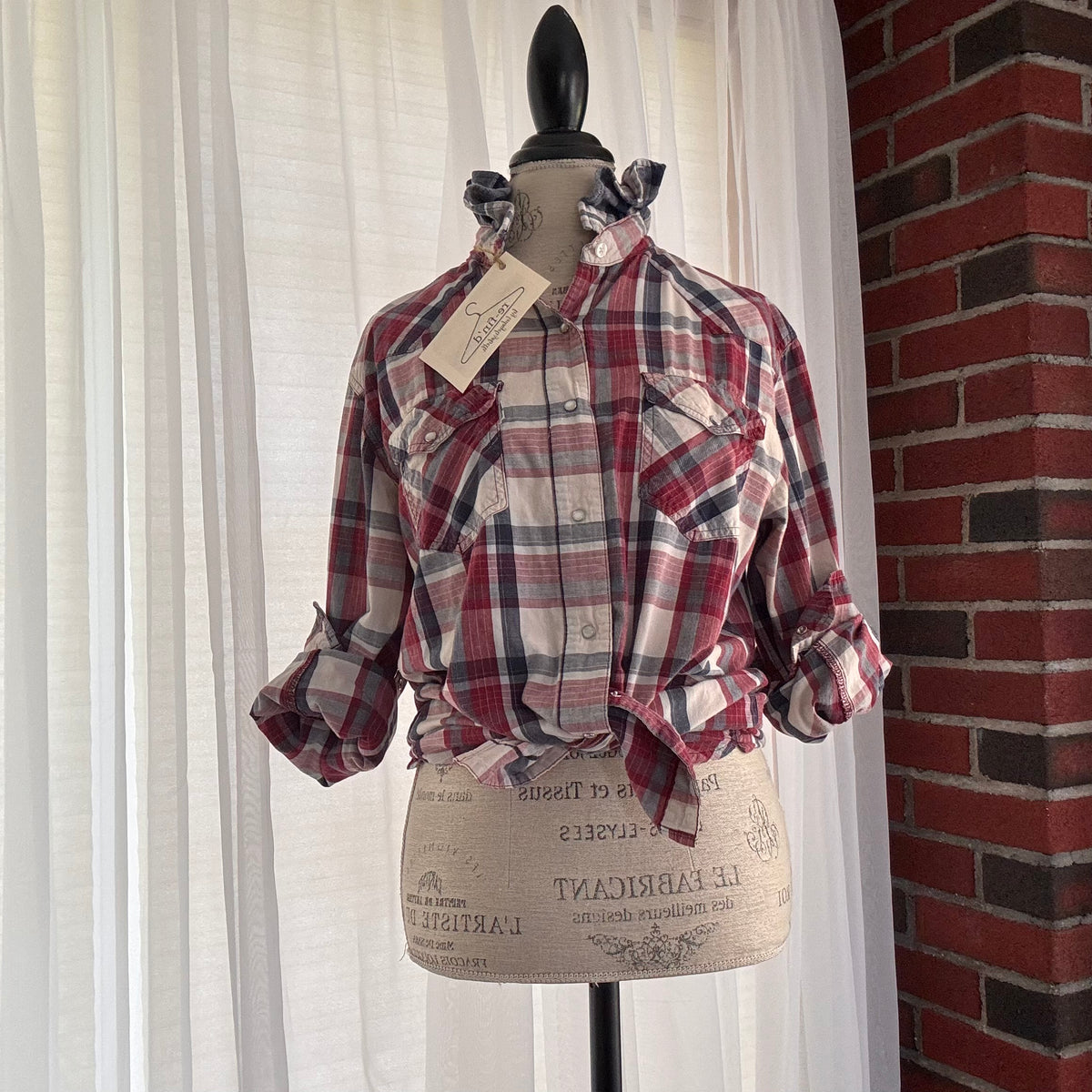 hank Plaid Western Boho Ruffle Collar Pearl Snap Shirt Size M