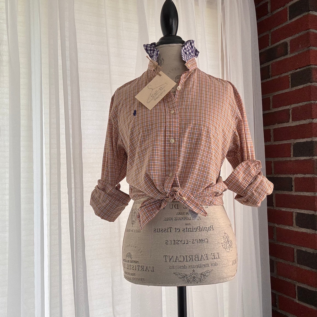 theo Plaid Cottagecore Ruffle Collar Upcycled Shirt Size M