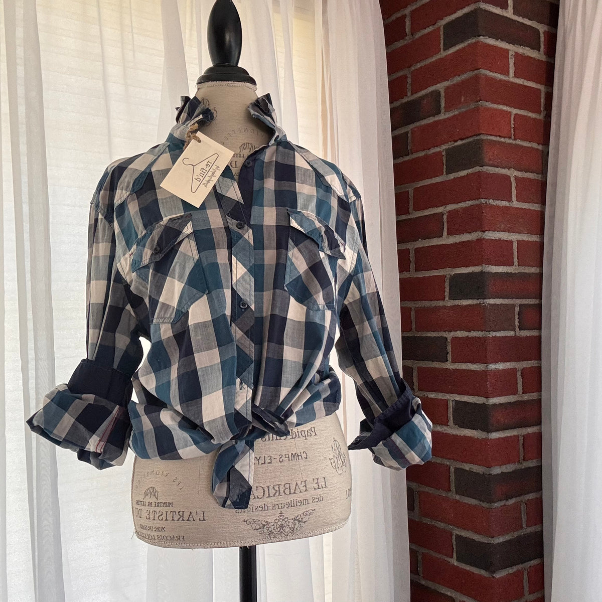 zane Blue Cream Buffalo Plaid Ruffle Collar Urban Upcycled Shirt Size M