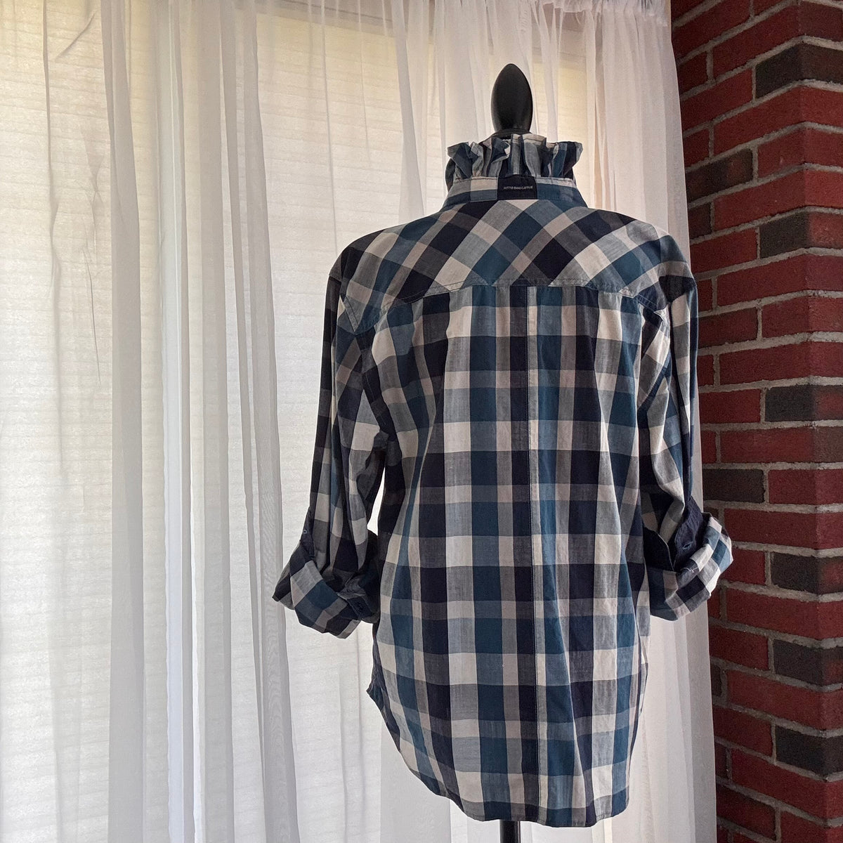 zane Blue Cream Buffalo Plaid Ruffle Collar Urban Upcycled Shirt Size M