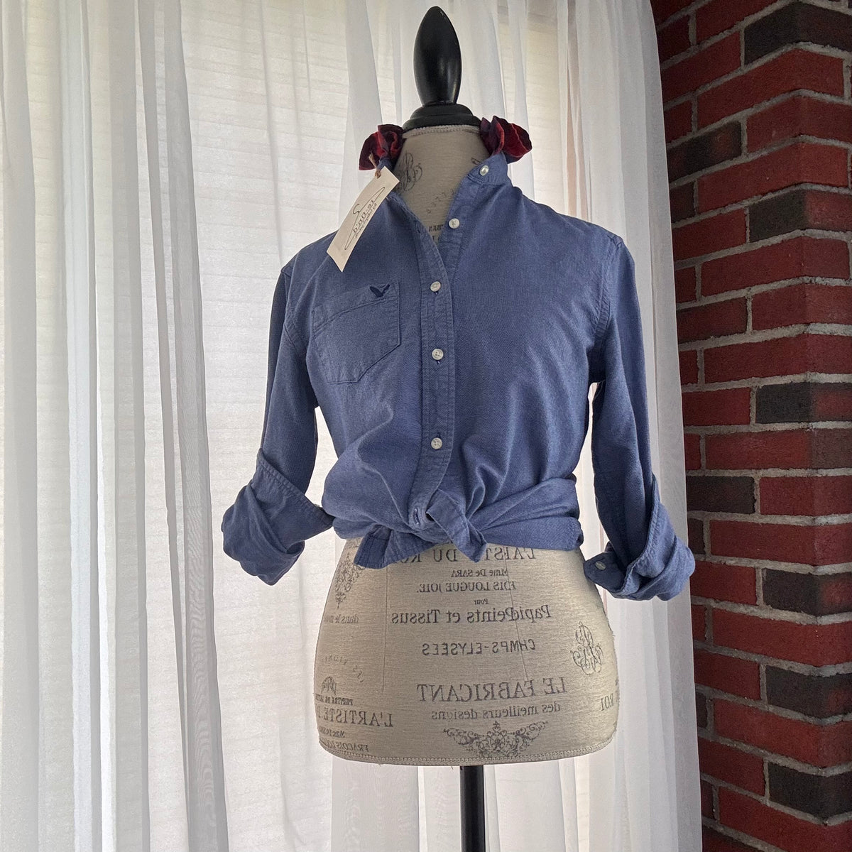 oliver Oxford Plaid Ruffle Collar Classic Upcycled Button Shirt Size S