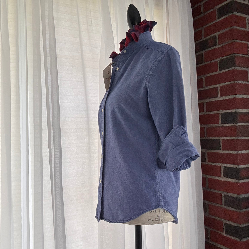 oliver Oxford Plaid Ruffle Collar Classic Upcycled Button Shirt Size S