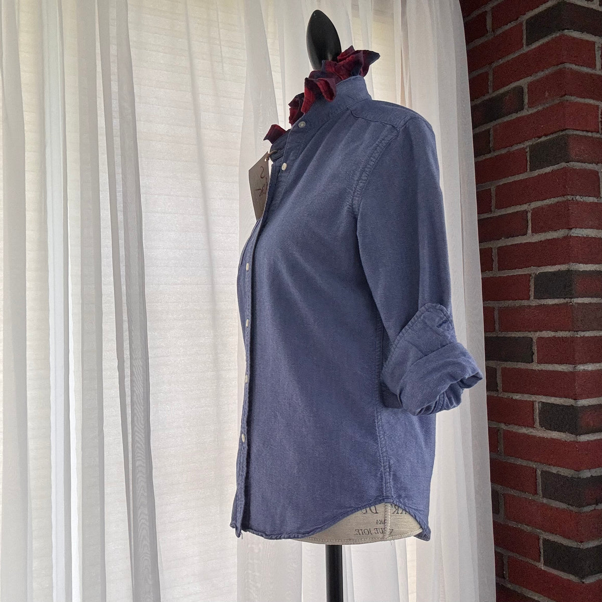 oliver Oxford Plaid Ruffle Collar Classic Upcycled Button Shirt Size S