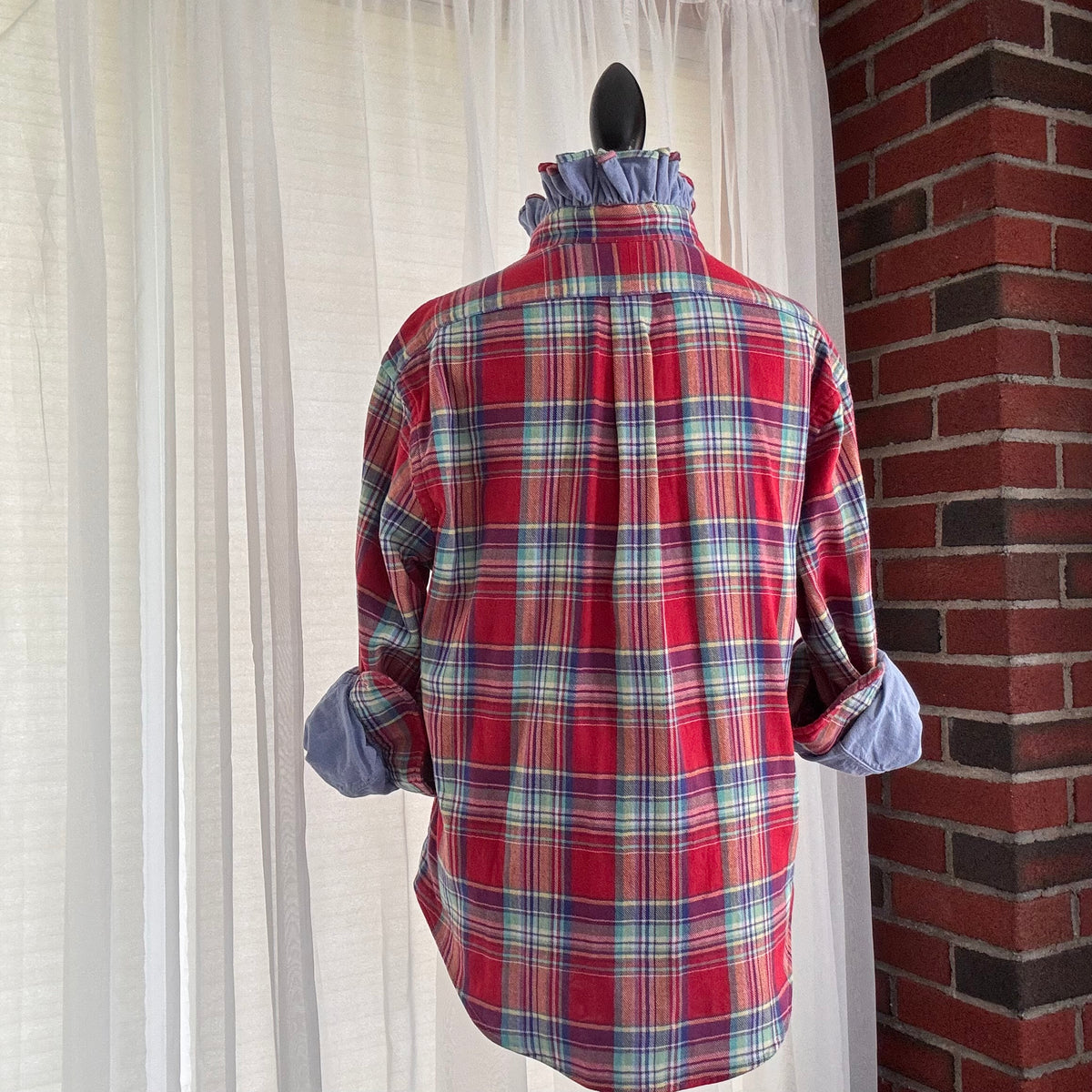 rhett Red Blue Plaid Western Ruffle Collar Button Shirt Size M