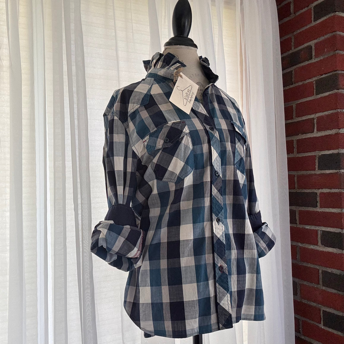 zane Blue Cream Buffalo Plaid Ruffle Collar Urban Upcycled Shirt Size M