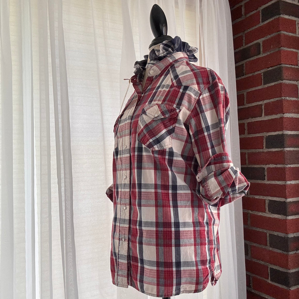 hank Plaid Western Boho Ruffle Collar Pearl Snap Shirt Size M