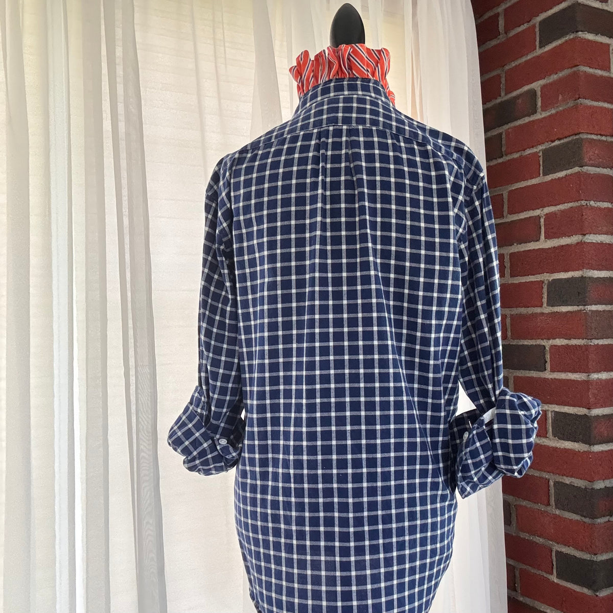 hudson Blue White Plaid Oxford Stripe Ruffle Collar Upcycled Shirt Size S