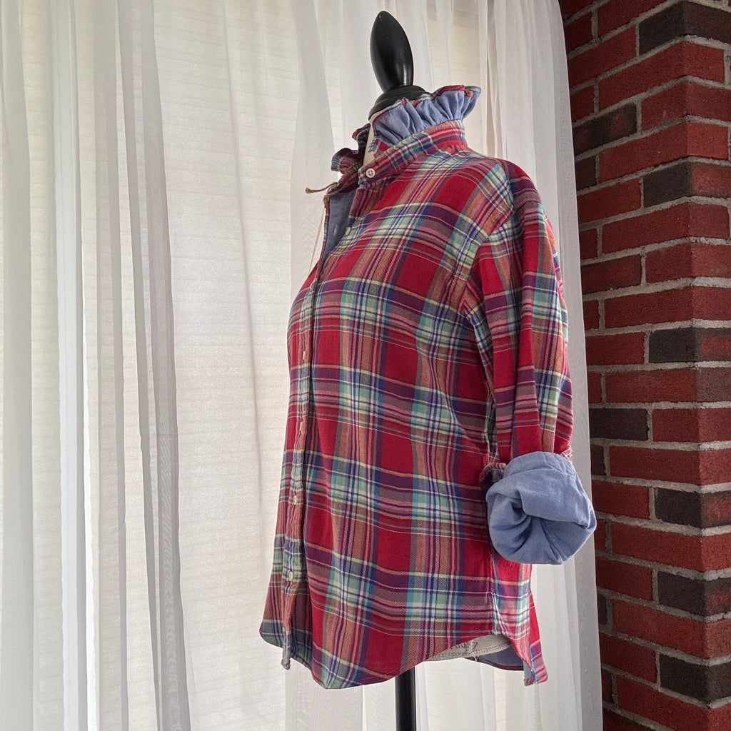 rhett Red Blue Plaid Western Ruffle Collar Button Shirt Size M