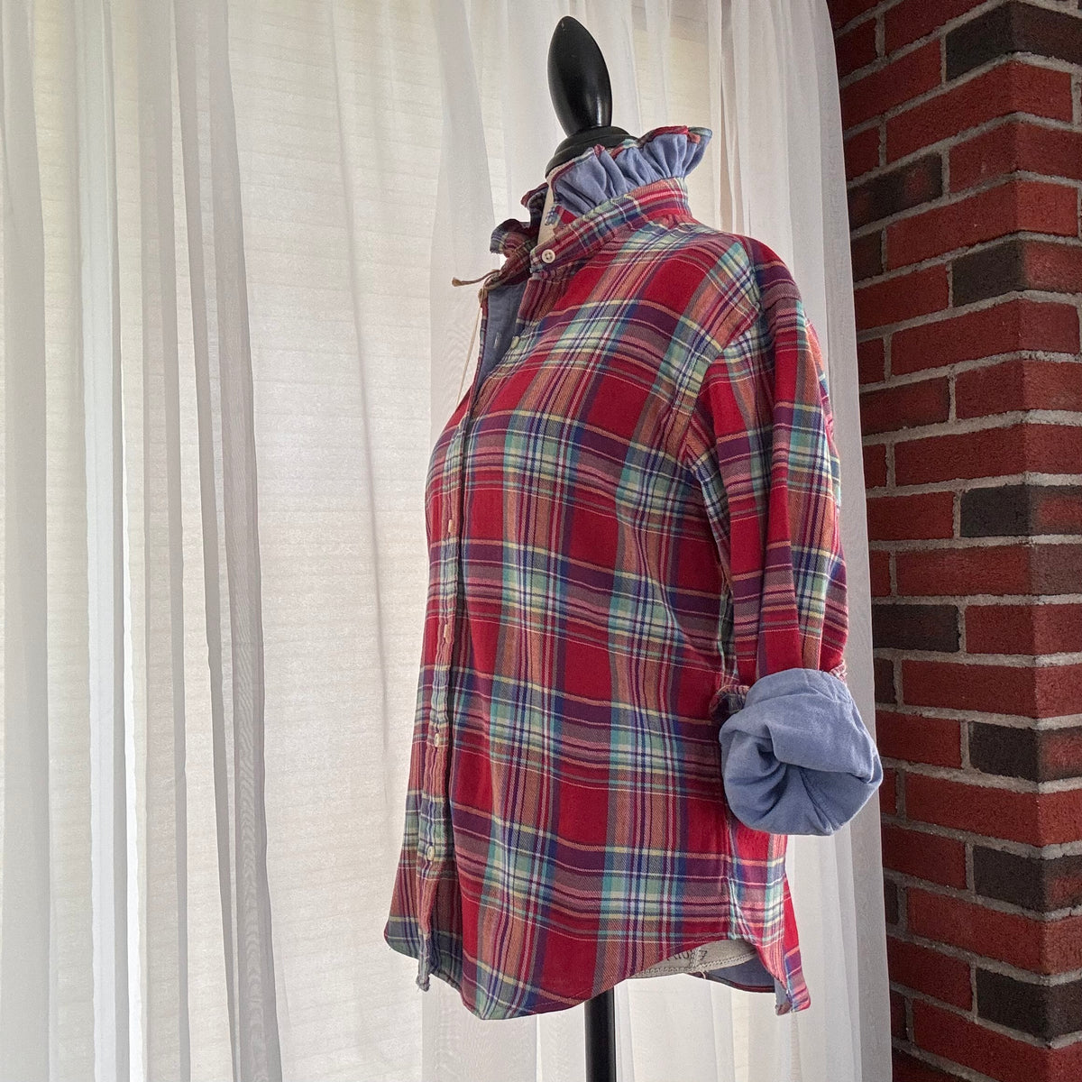rhett Red Blue Plaid Western Ruffle Collar Button Shirt Size M