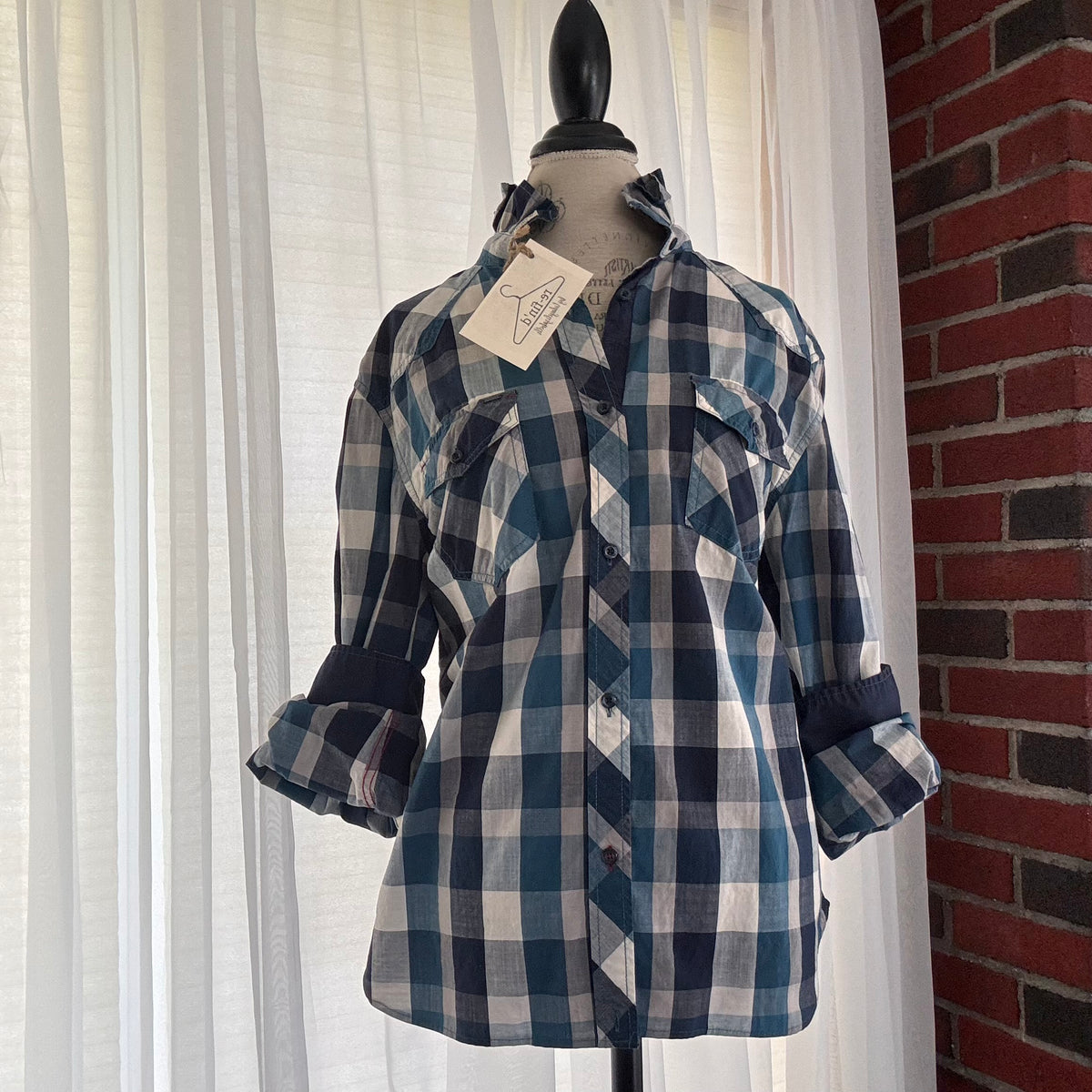 zane Blue Cream Buffalo Plaid Ruffle Collar Urban Upcycled Shirt Size M