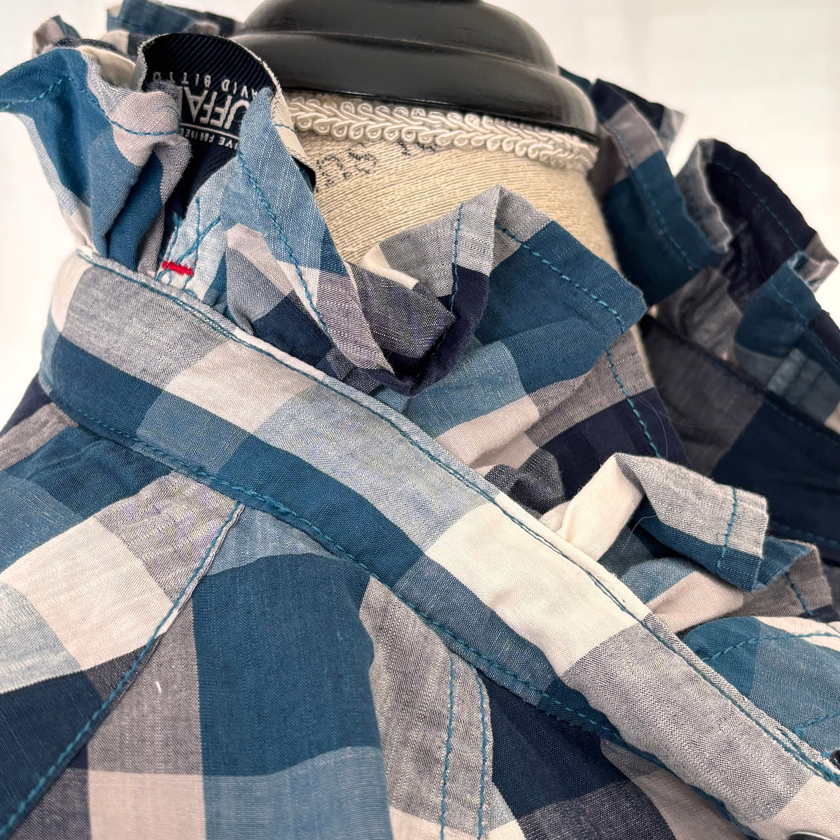 zane Blue Cream Buffalo Plaid Ruffle Collar Urban Upcycled Shirt Size M