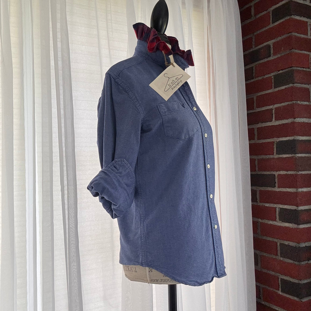 oliver Oxford Plaid Ruffle Collar Classic Upcycled Button Shirt Size S