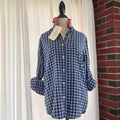 hudson Blue White Plaid Oxford Stripe Ruffle Collar Upcycled Shirt Size S
