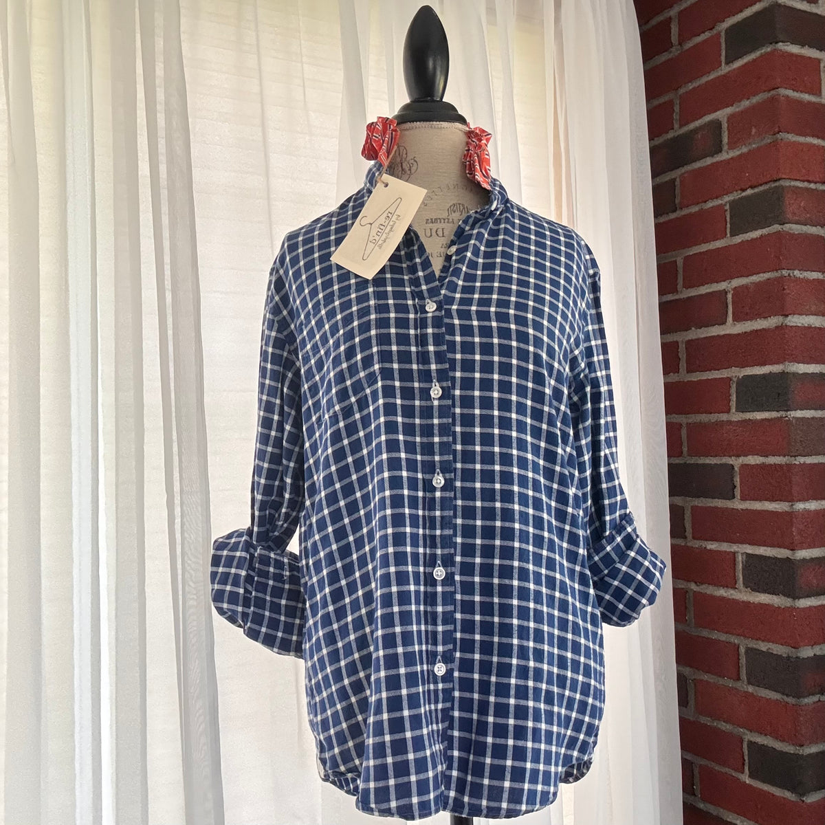 hudson Blue White Plaid Oxford Stripe Ruffle Collar Upcycled Shirt Size S