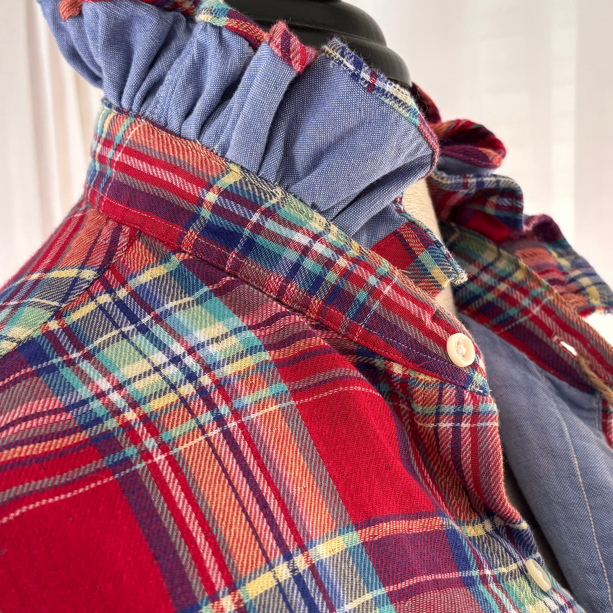 rhett Red Blue Plaid Western Ruffle Collar Button Shirt Size M