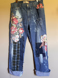 sewn patchwork on denim jeans